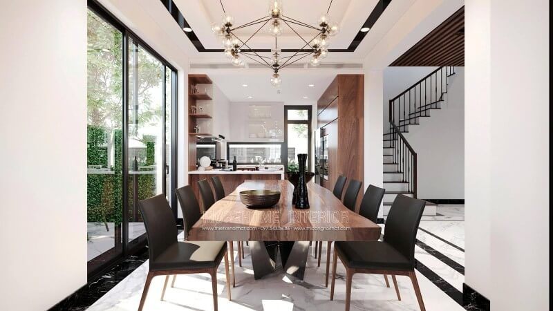 Trang trí nội thất phòng ăn biệt thự với chất liệu gỗ tự nhiên cao cấp sẽ làm cho không gian đẹp mắt.